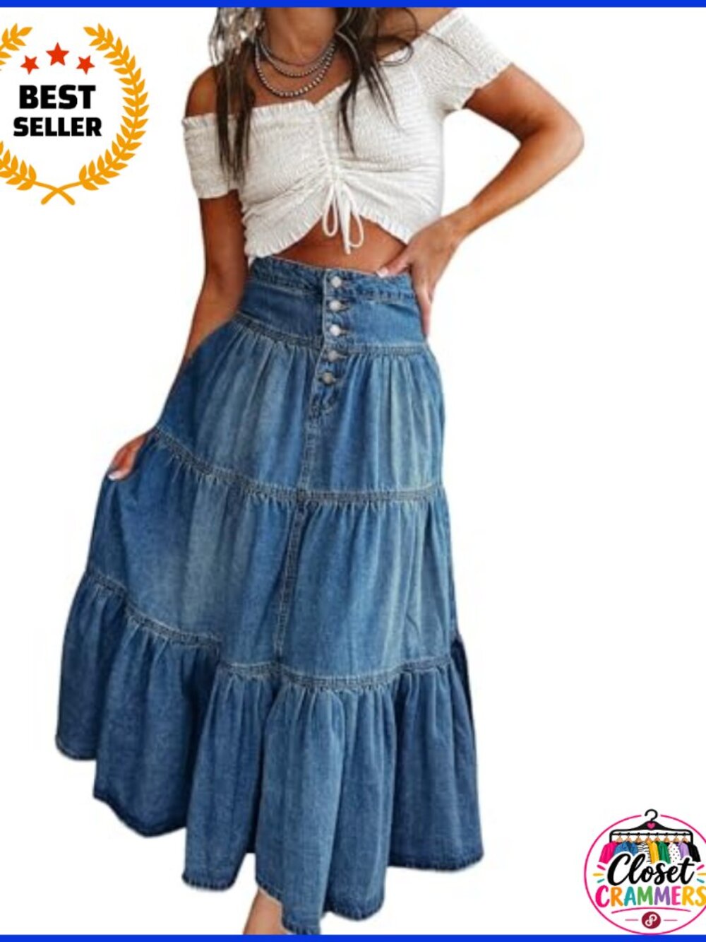 High Waist Denim Maxi Skirt Button-Fly Tiered Ruffle A-Line with Pockets